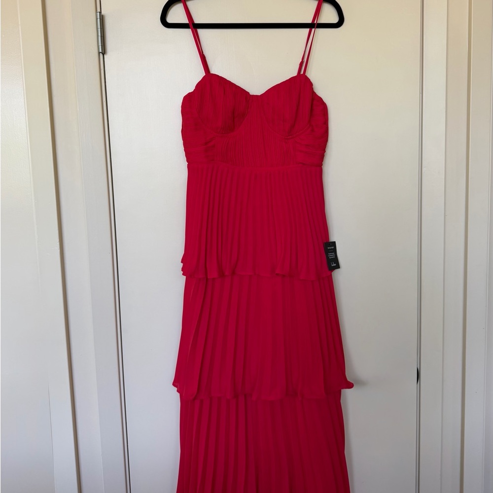 Lulu's Red Tiered Pleated Midi Dress with Spaghetti Straps